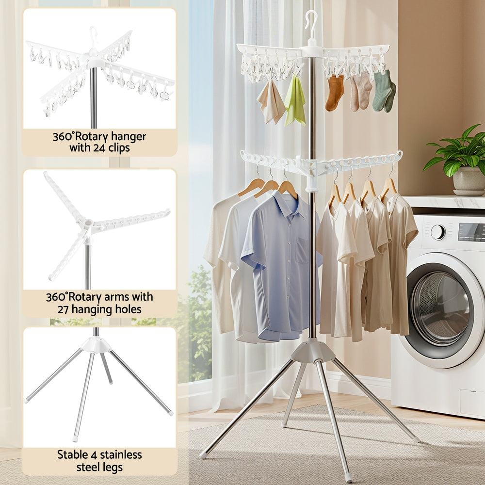 Artiss Clothes Rack Airer 2 Tier Rotatable Hanger Foldable HANGER-B-05-F2T-SIWH