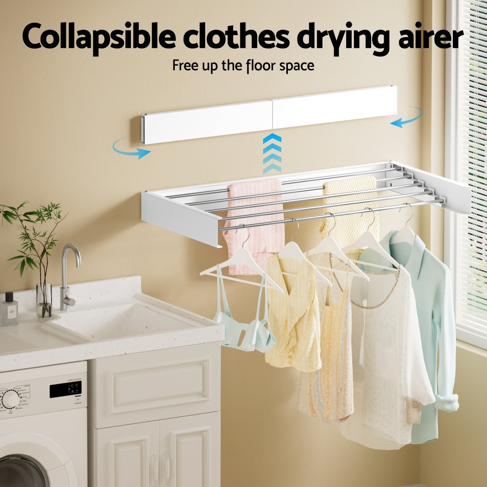 Artiss Clothes Rack Wall Mounted Airer Foldable White HANGER-B-07-RAIL-WH