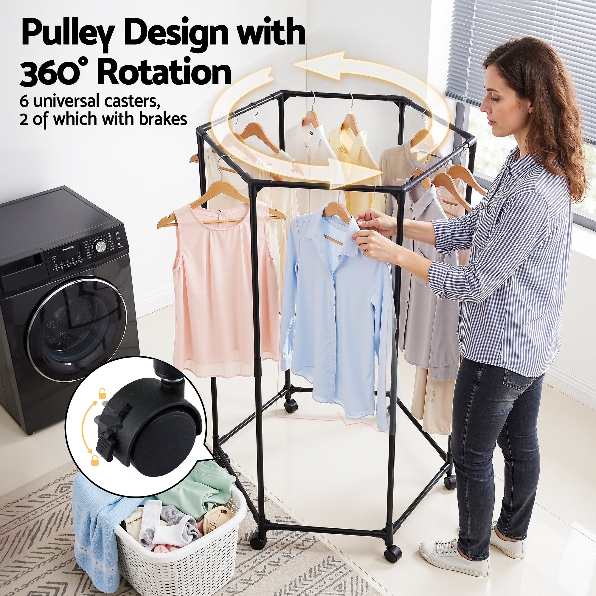 Artiss Clothes Rack Airer Rail Coat Stand Wheels 6 Rods HANGER-B-09-6R-BK