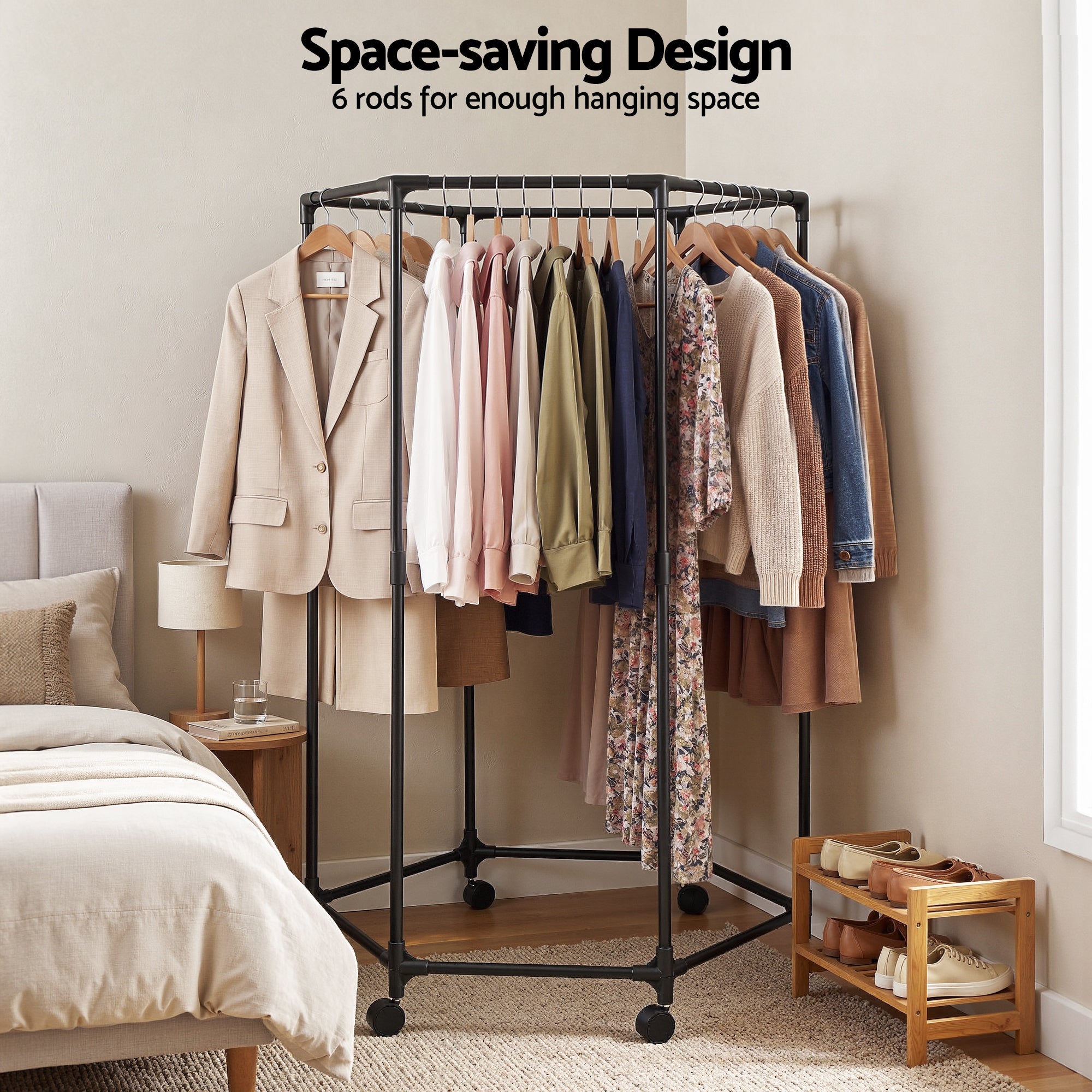 Artiss Clothes Rack Airer Rail Coat Stand Wheels 6 Rods HANGER-B-09-6R-BK
