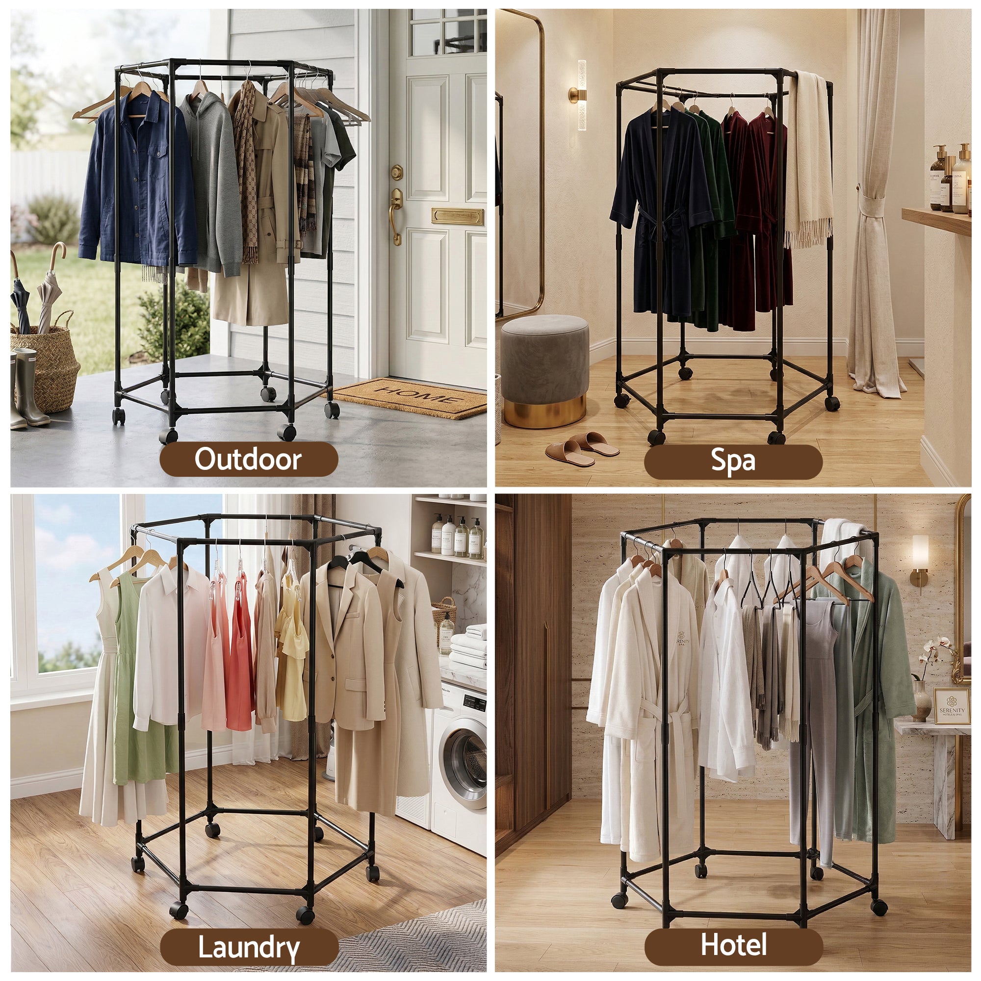 Artiss Clothes Rack Airer Rail Coat Stand Wheels 6 Rods HANGER-B-09-6R-BK