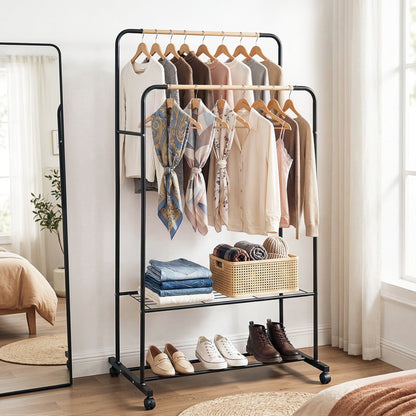 Artiss Clothes Rack Double Rod Airer Rail Coat Stand Hanger Storage Shelf HANGER-B-11-2T-BK