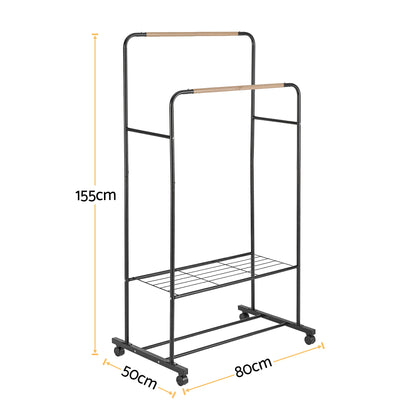 Artiss Clothes Rack Double Rod Airer Rail Coat Stand Hanger Storage Shelf HANGER-B-11-2T-BK