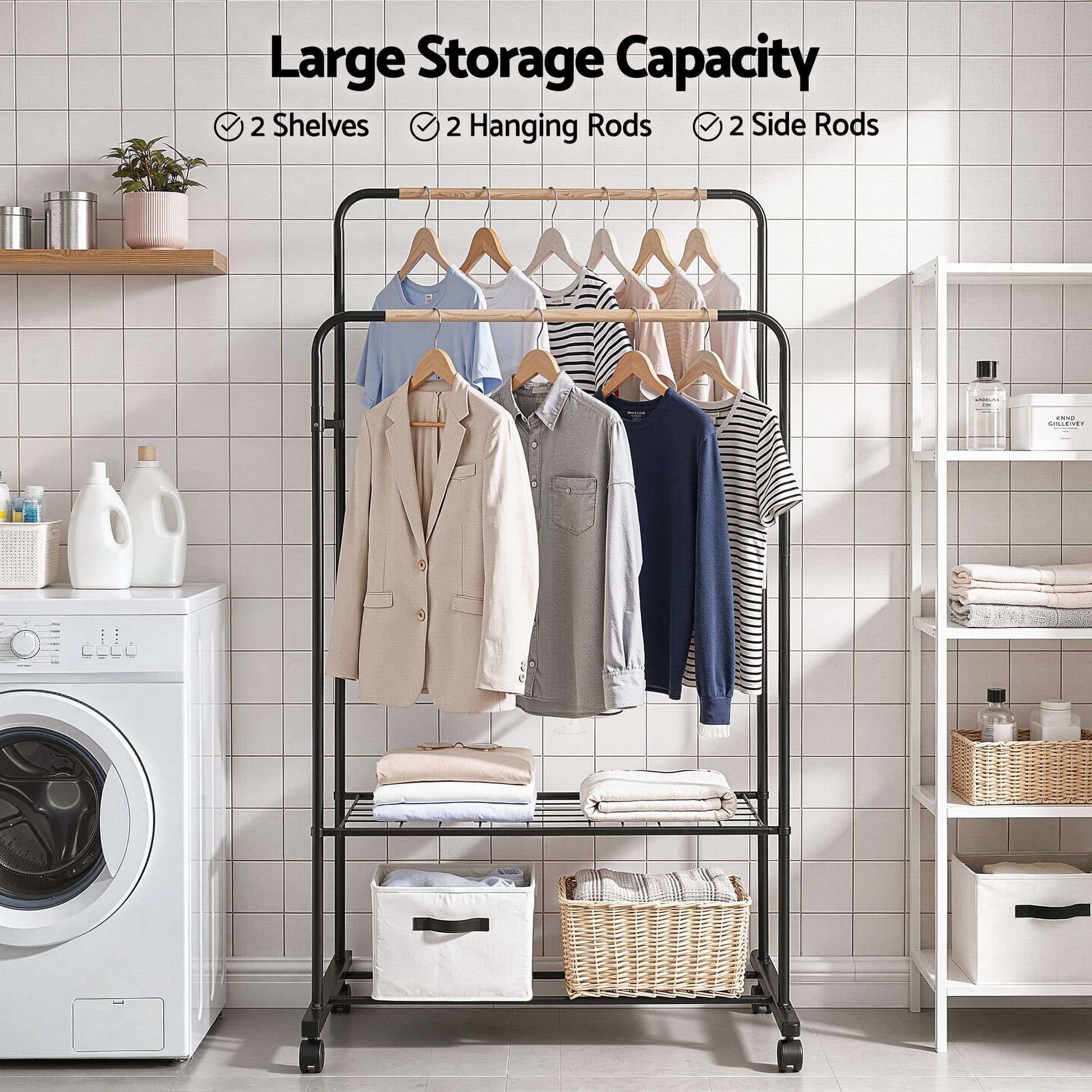 Artiss Clothes Rack Double Rod Airer Rail Coat Stand Hanger Storage Shelf HANGER-B-11-2T-BK