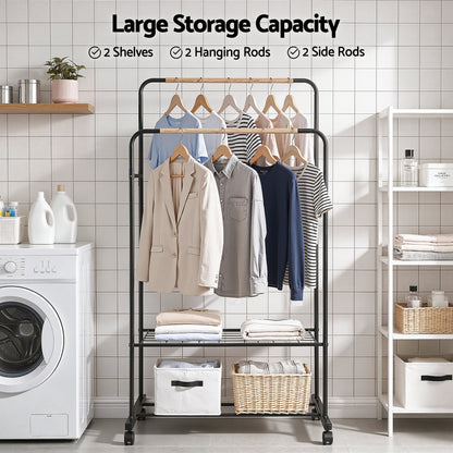Artiss Clothes Rack Double Rod Airer Rail Coat Stand Hanger Storage Shelf HANGER-B-11-2T-BK