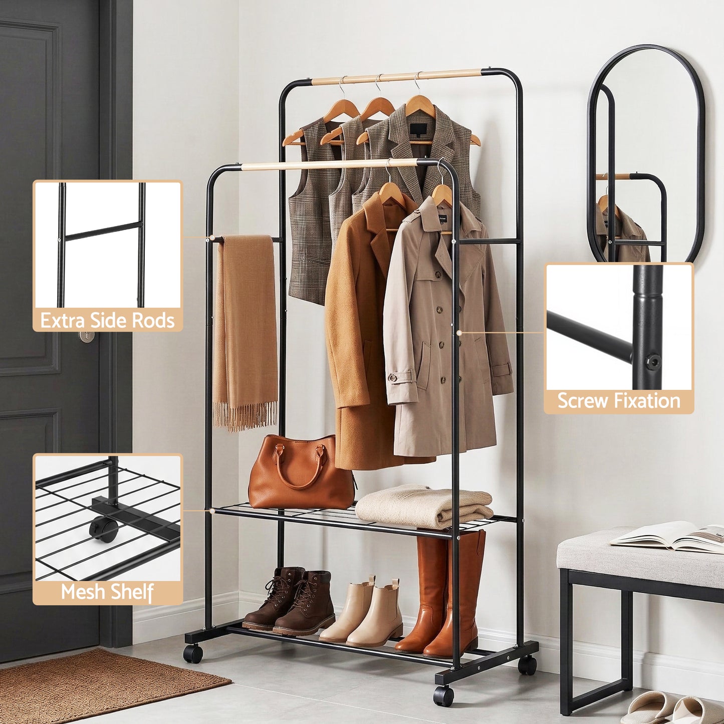 Artiss Clothes Rack Double Rod Airer Rail Coat Stand Hanger Storage Shelf HANGER-B-11-2T-BK