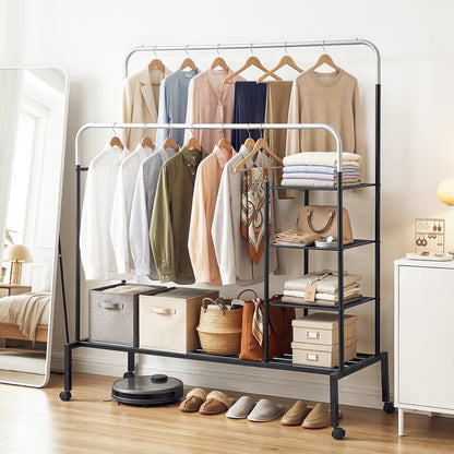 Artiss Clothes Rack Double Rod Airer Rail Coat Stand Hanger Storage Shelf HANGER-E-01-4T-SIBK