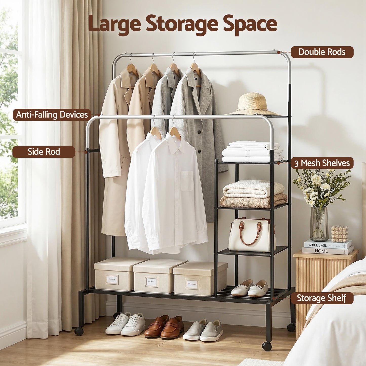 Artiss Clothes Rack Double Rod Airer Rail Coat Stand Hanger Storage Shelf HANGER-E-01-4T-SIBK