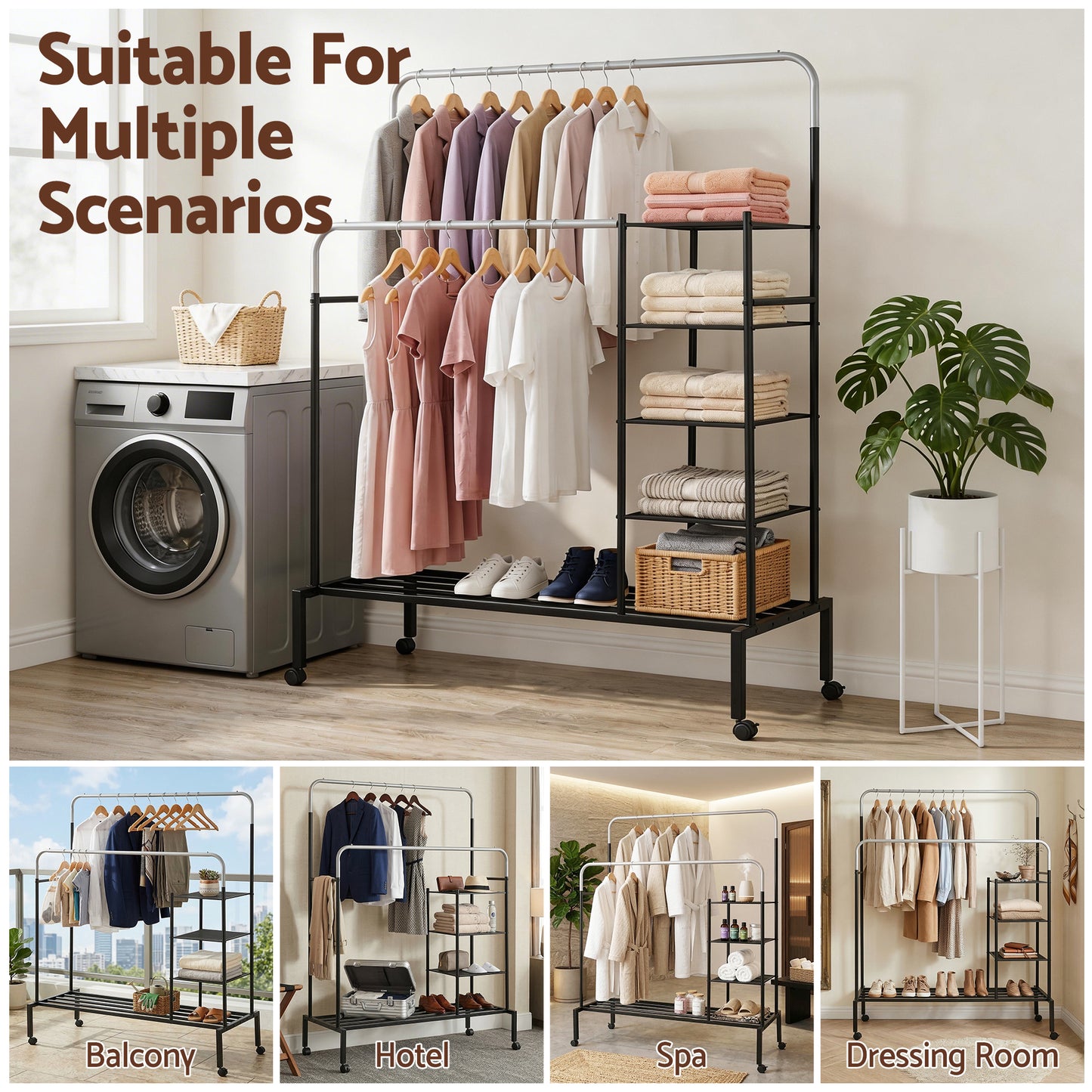 Artiss Clothes Rack Double Rod Airer Rail Coat Stand Hanger Storage Shelf HANGER-E-01-4T-SIBK