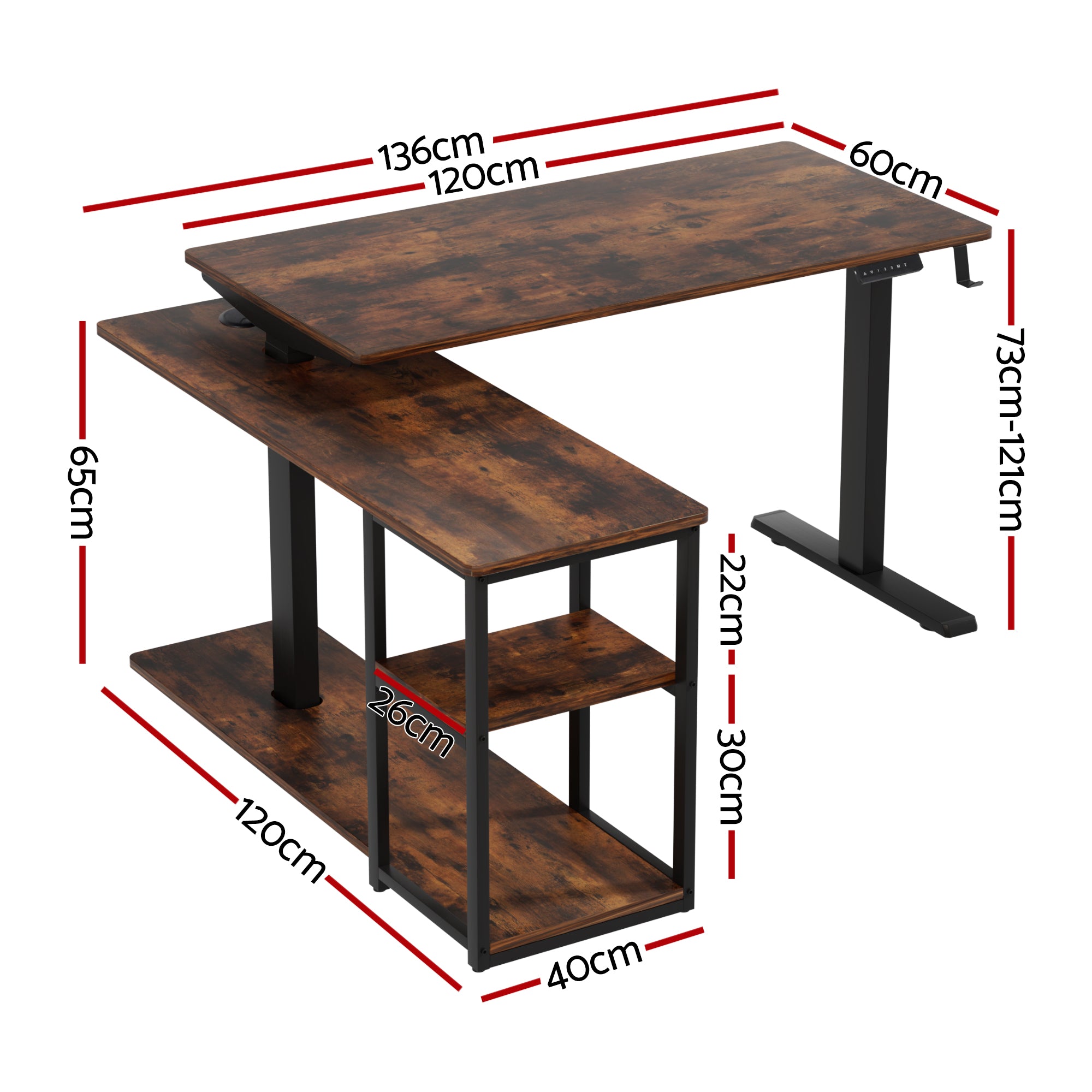 Artiss Electric Standing Desk Adjustable Motorised 120CM L Shaped Rustic Brown HASD-B-S08-L-SHELF-WA-ABC