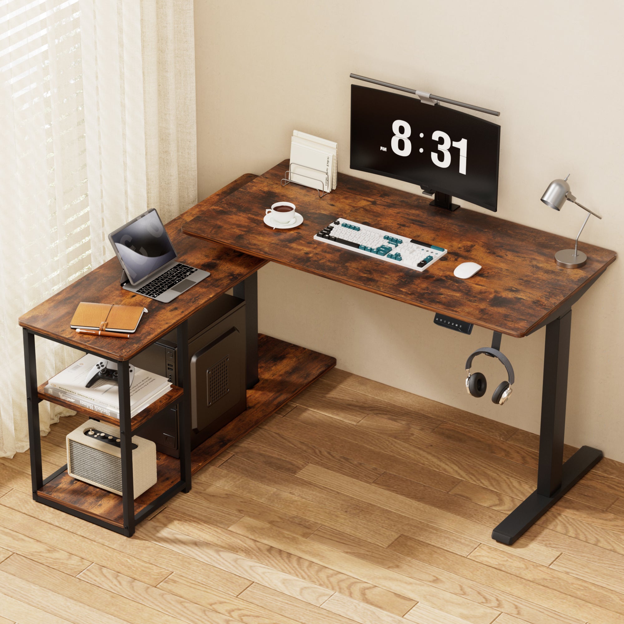 Artiss Electric Standing Desk Adjustable Motorised 120CM L Shaped Rustic Brown HASD-B-S08-L-SHELF-WA-ABC