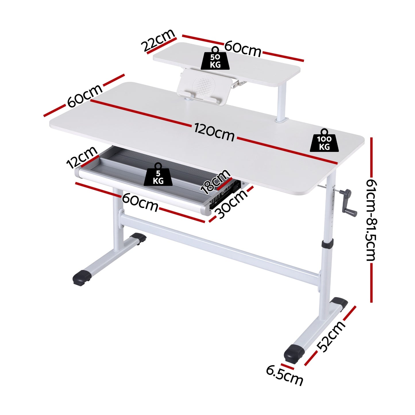 Artiss Standing Desk Height Adjustable Workstation Computer Desks Study 120CM White HASD-C-MANUAL-120-WH