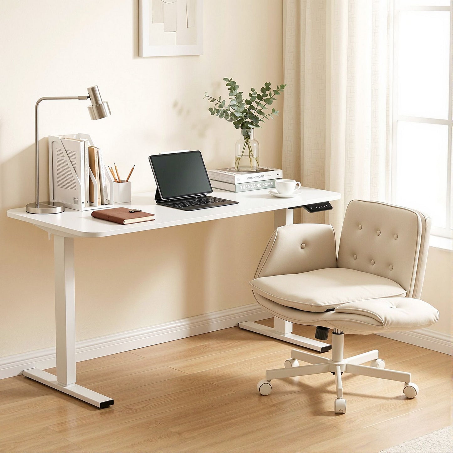 Artiss Criss Cross Chair with Wheels & Adjustable Armrests and Electric Standing Desk 140cm with Memory HASD-ET156E-2018-BG