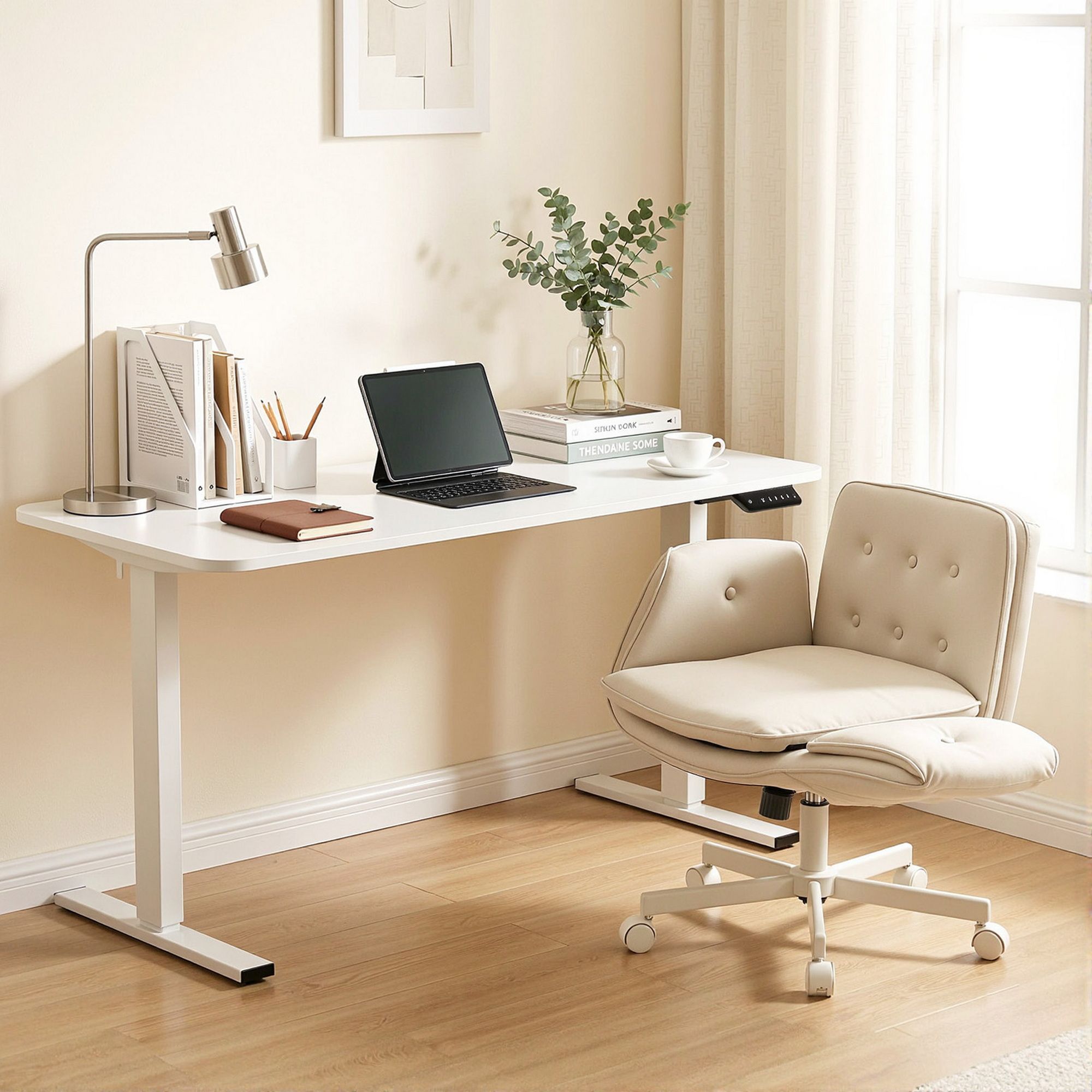 Artiss Criss Cross Chair with Wheels & Adjustable Armrests and Electric Standing Desk 140cm with Memory HASD-ET156E-2018-BG