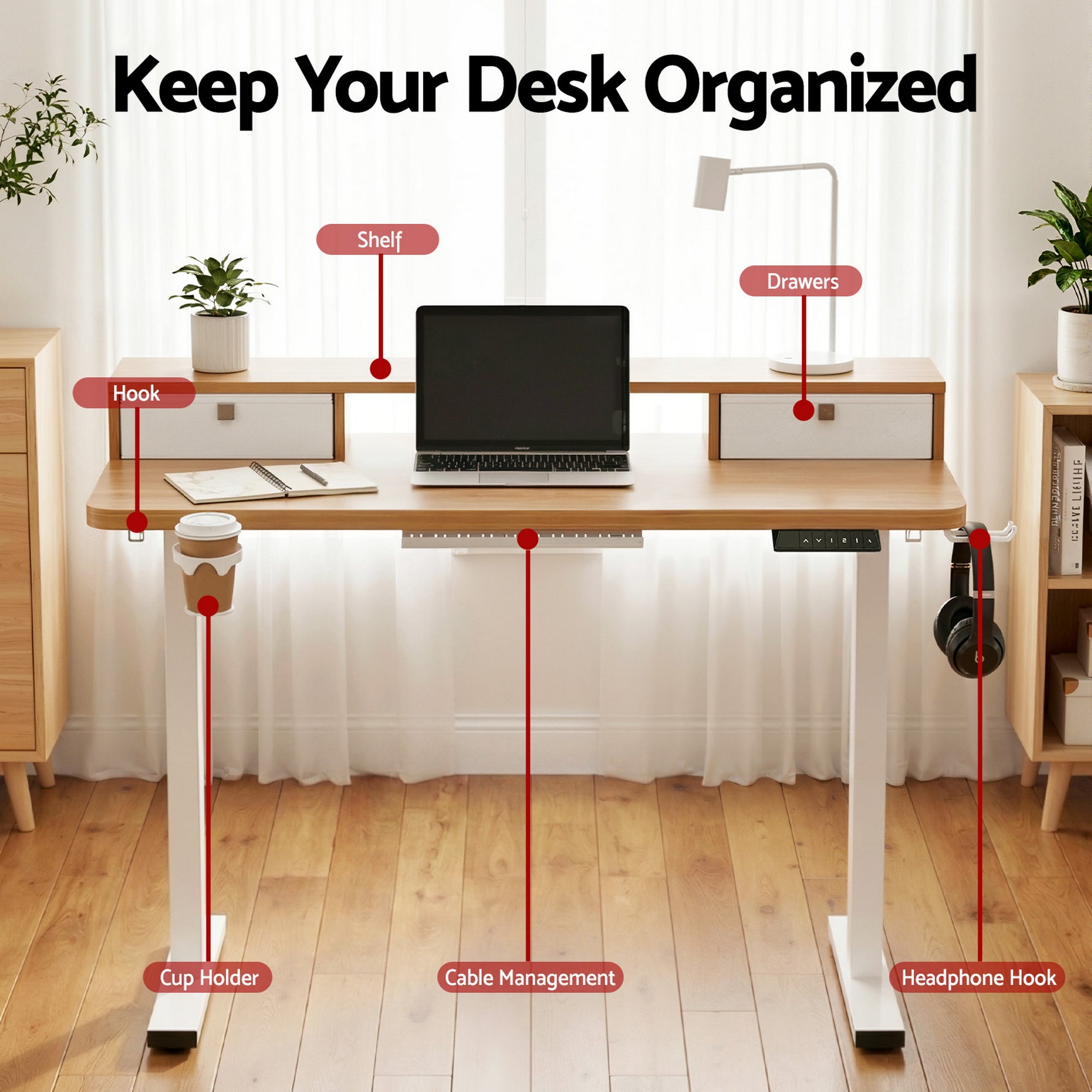 Artiss Electric Standing Desk Height Adjustable Sit Stand Desk Home Office HASD-ET156E-SHELF-WD-AB