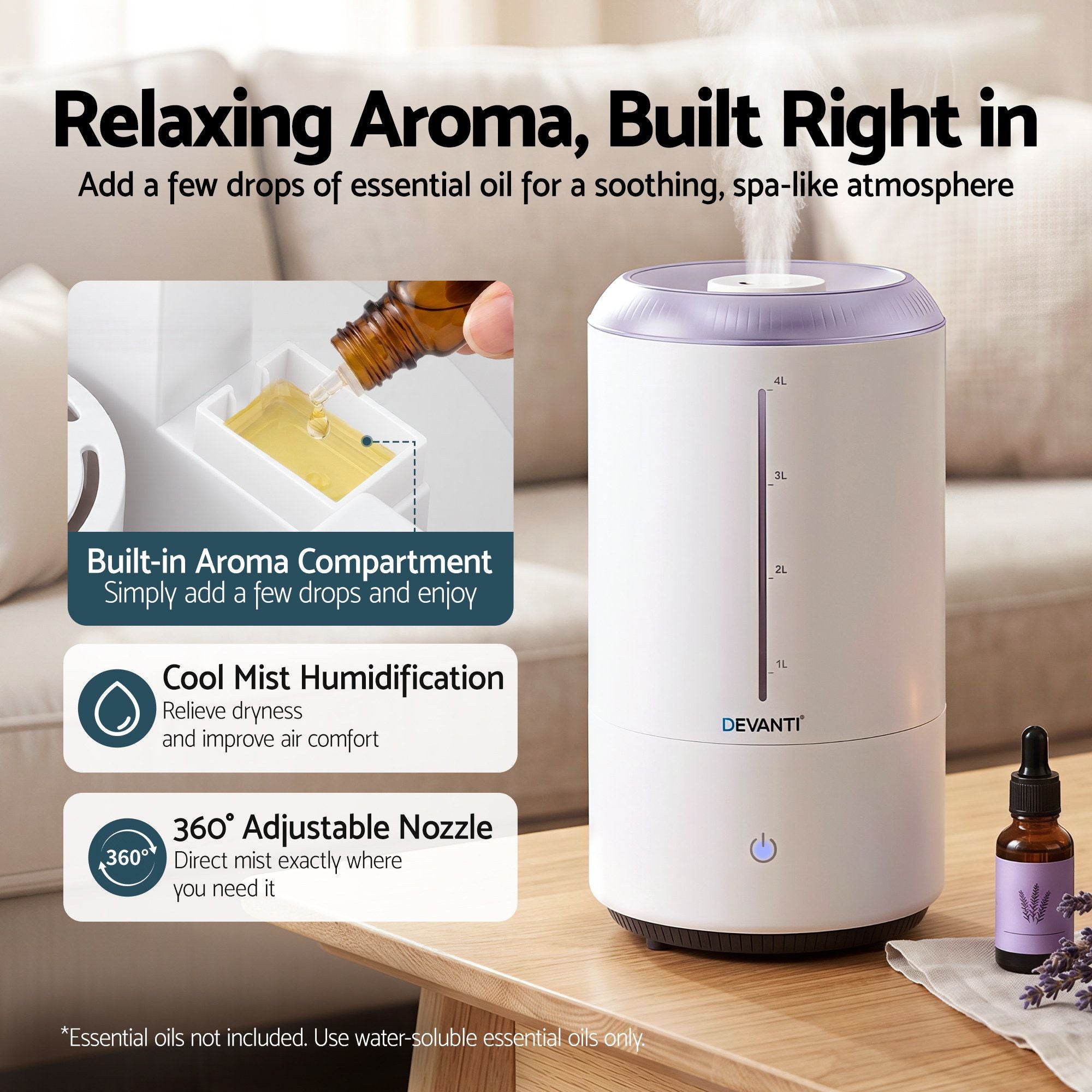 Devanti Ultrasonic Humidifier Aroma Diffuser Top Fill Quiet Bedroom 4L White HM-4L-TOUCH-WH