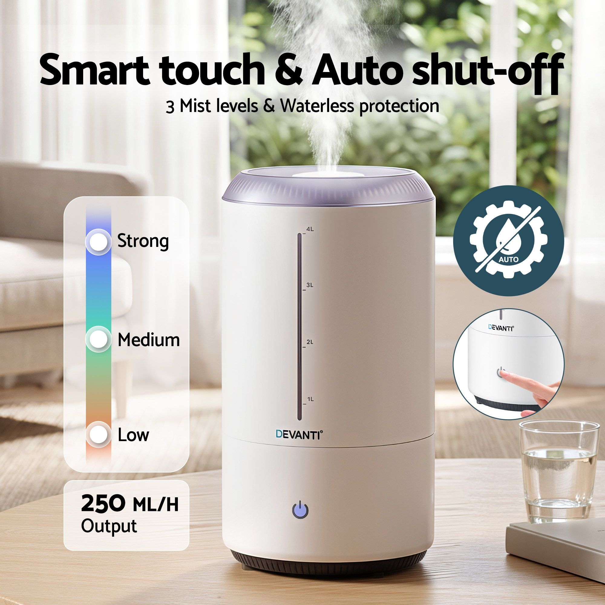 Devanti Ultrasonic Humidifier Aroma Diffuser Top Fill Quiet Bedroom 4L White HM-4L-TOUCH-WH