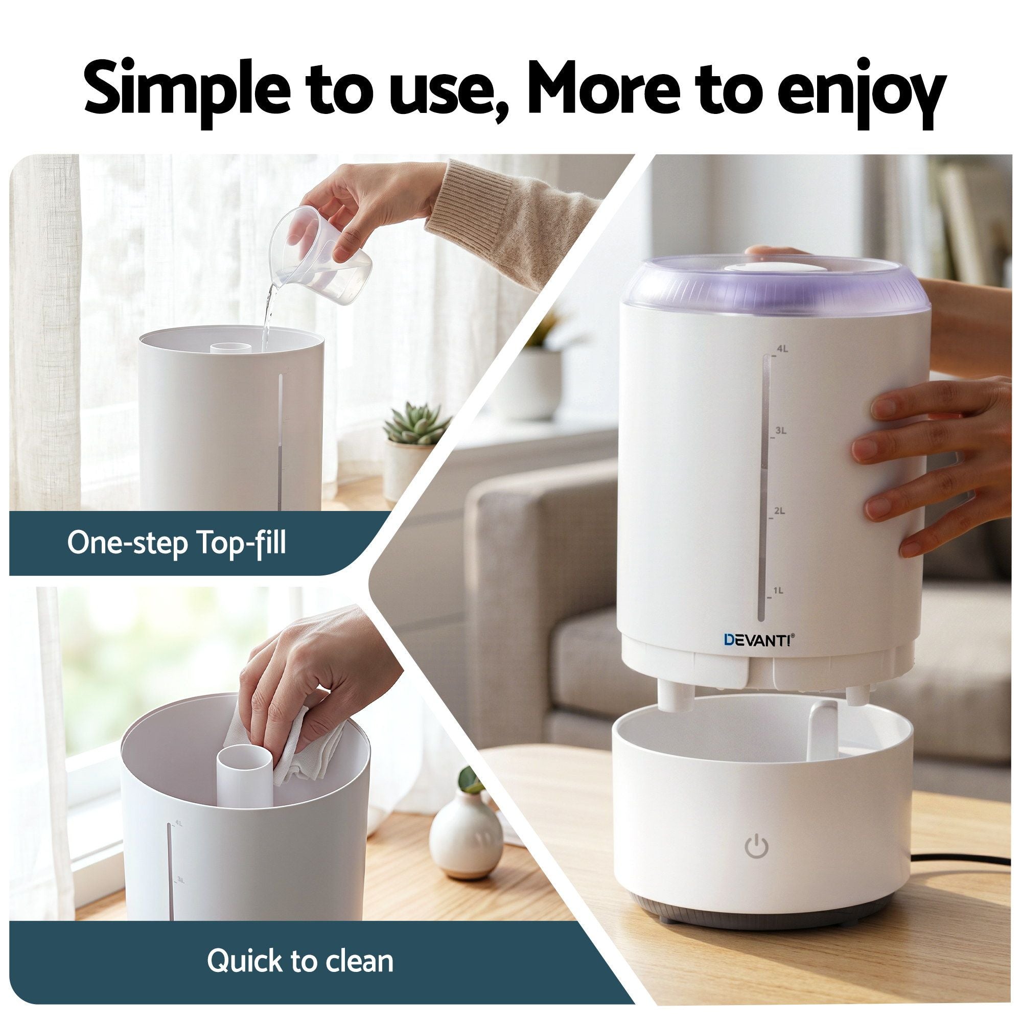 Devanti Ultrasonic Humidifier Aroma Diffuser Top Fill Quiet Bedroom 4L White HM-4L-TOUCH-WH