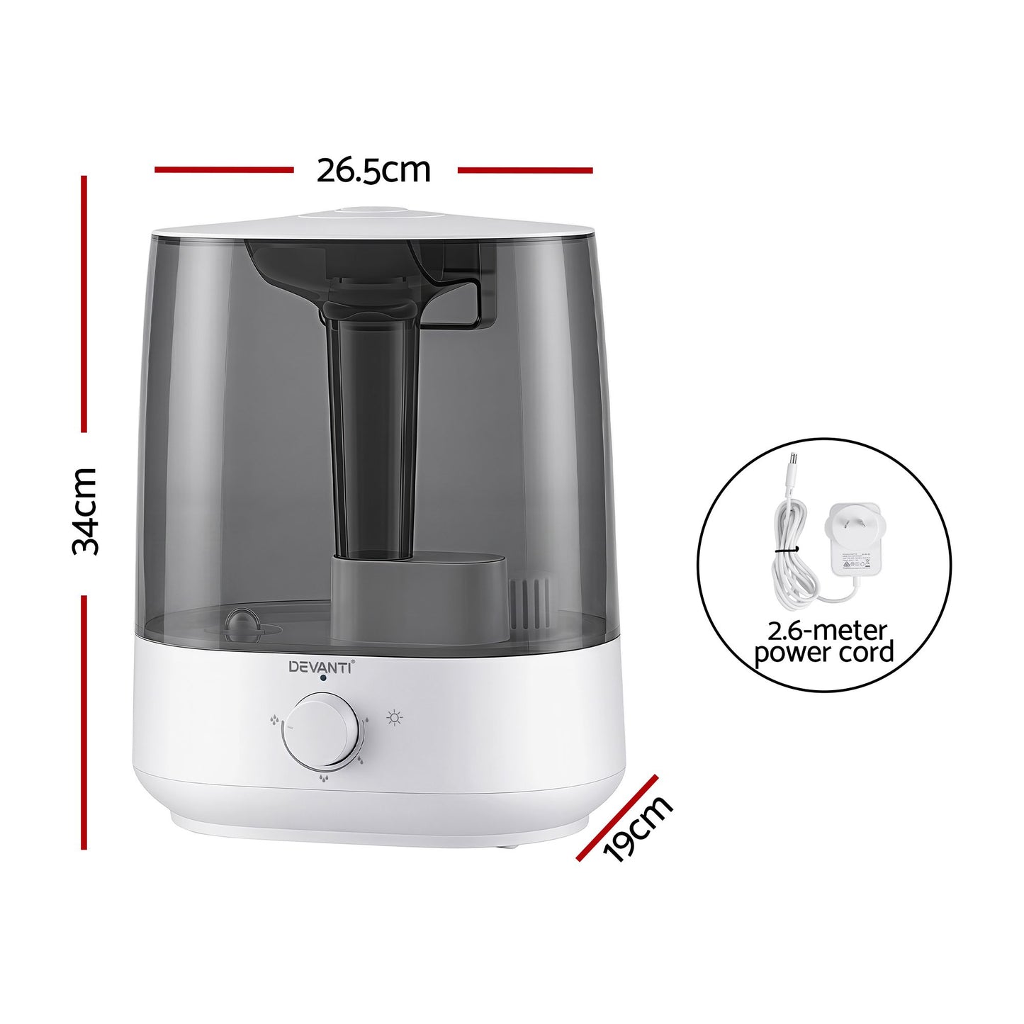 Devanti Ultrasonic Humidifier Aroma Diffuser Top Fill Quiet Bedroom 6L HM-6L-KNOB-WHBK