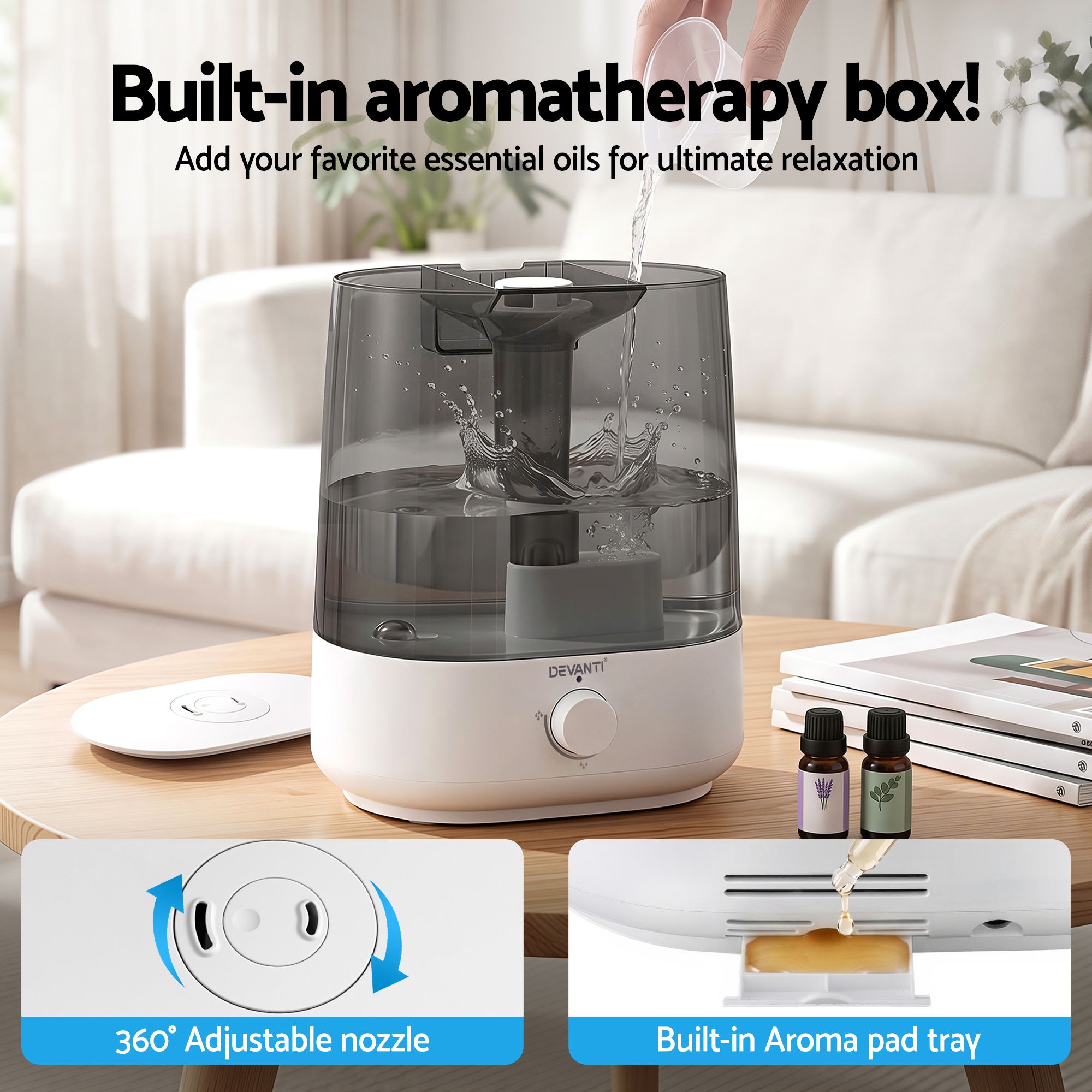 Devanti Ultrasonic Humidifier Aroma Diffuser Top Fill Quiet Bedroom 6L HM-6L-KNOB-WHBK