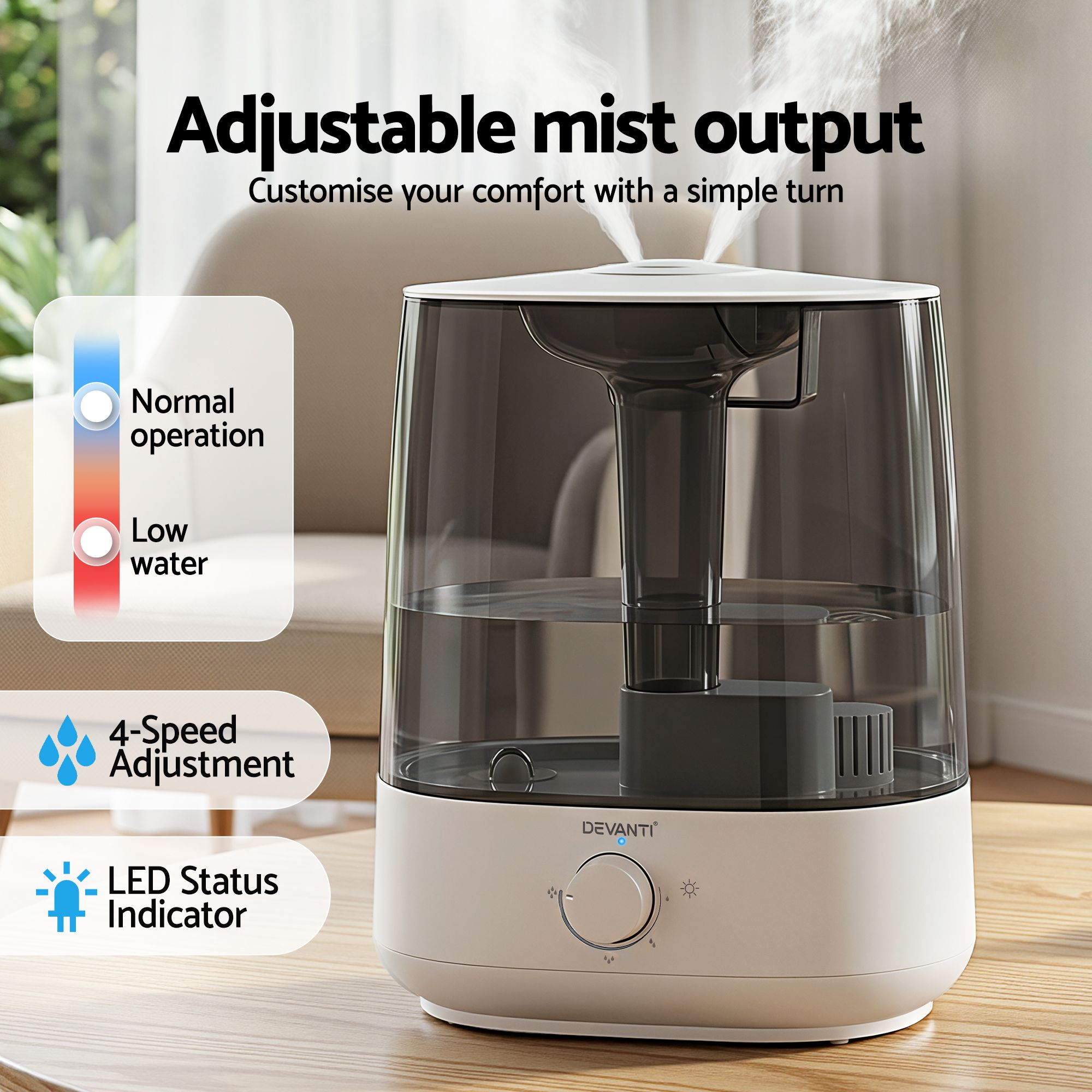 Devanti Ultrasonic Humidifier Aroma Diffuser Top Fill Quiet Bedroom 6L HM-6L-KNOB-WHBK