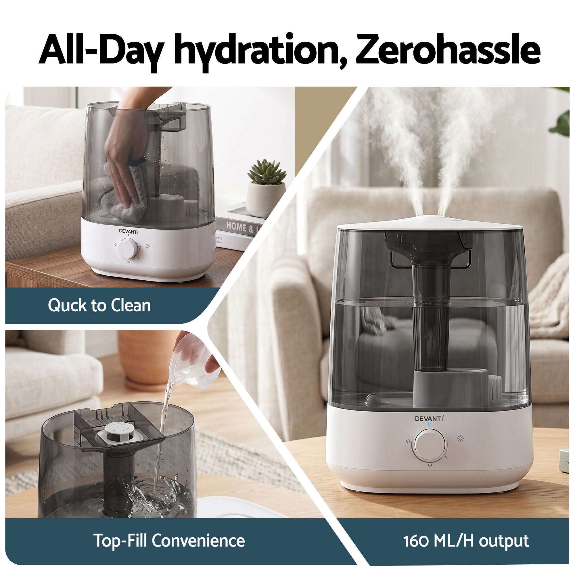 Devanti Ultrasonic Humidifier Aroma Diffuser Top Fill Quiet Bedroom 6L HM-6L-KNOB-WHBK