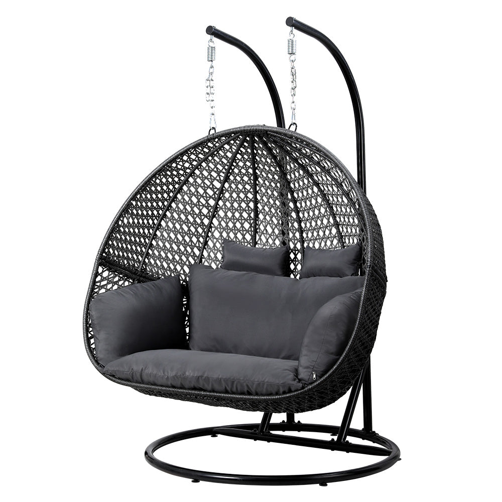 Gardeon Outdoor Swing Chair Hanging Rattan Patio Furniture Pod Stand Cushion 2 Seater HM-B-EGG-TAT-D-J-BKGR-AB