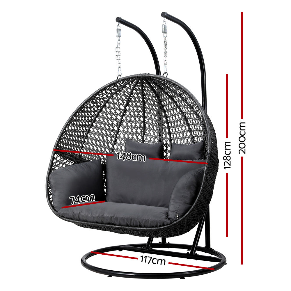 Gardeon Outdoor Swing Chair Hanging Rattan Patio Furniture Pod Stand Cushion 2 Seater HM-B-EGG-TAT-D-J-BKGR-AB