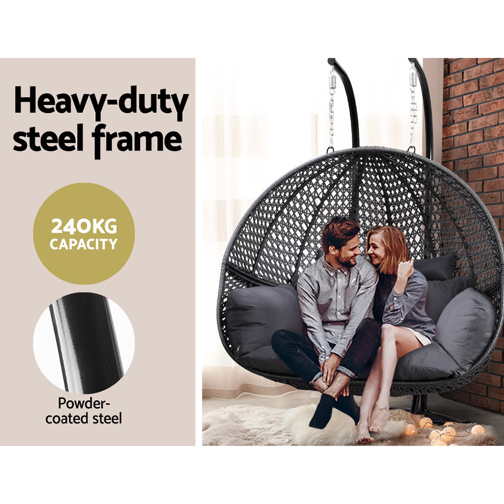 Gardeon Outdoor Swing Chair Hanging Rattan Patio Furniture Pod Stand Cushion 2 Seater HM-B-EGG-TAT-D-J-BKGR-AB