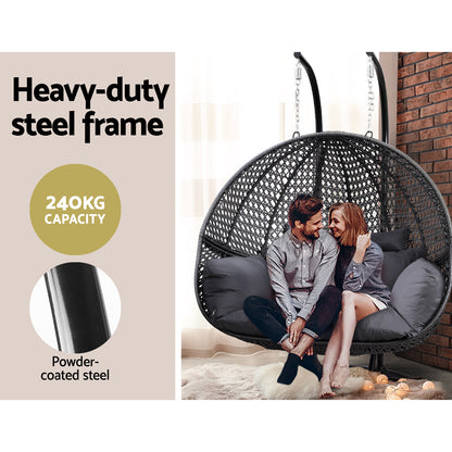 Gardeon Outdoor Swing Chair Hanging Rattan Patio Furniture Pod Stand Cushion 2 Seater HM-B-EGG-TAT-D-J-BKGR-AB
