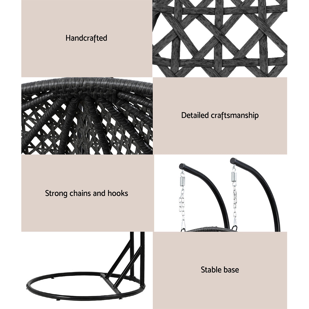 Gardeon Outdoor Swing Chair Hanging Rattan Patio Furniture Pod Stand Cushion 2 Seater HM-B-EGG-TAT-D-J-BKGR-AB