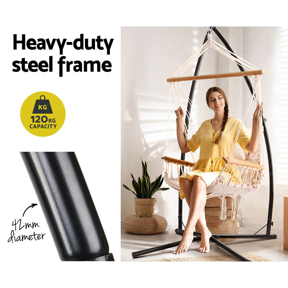 Gardeon Hammock Chair with Steel Stand Armrest Outdoor Hanging Cream HM-CHAIR-ARM-CREAM-X