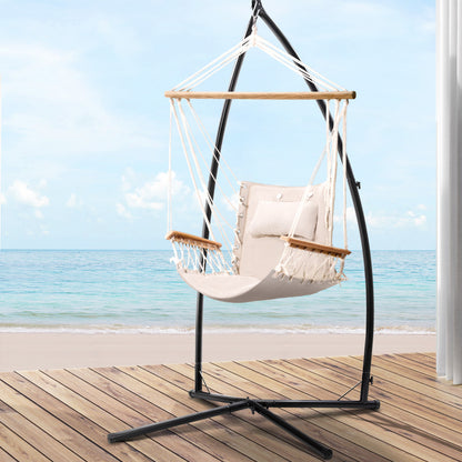 Gardeon Hammock Chair with Steel Stand Armrest Outdoor Hanging Cream HM-CHAIR-ARM-CREAM-X