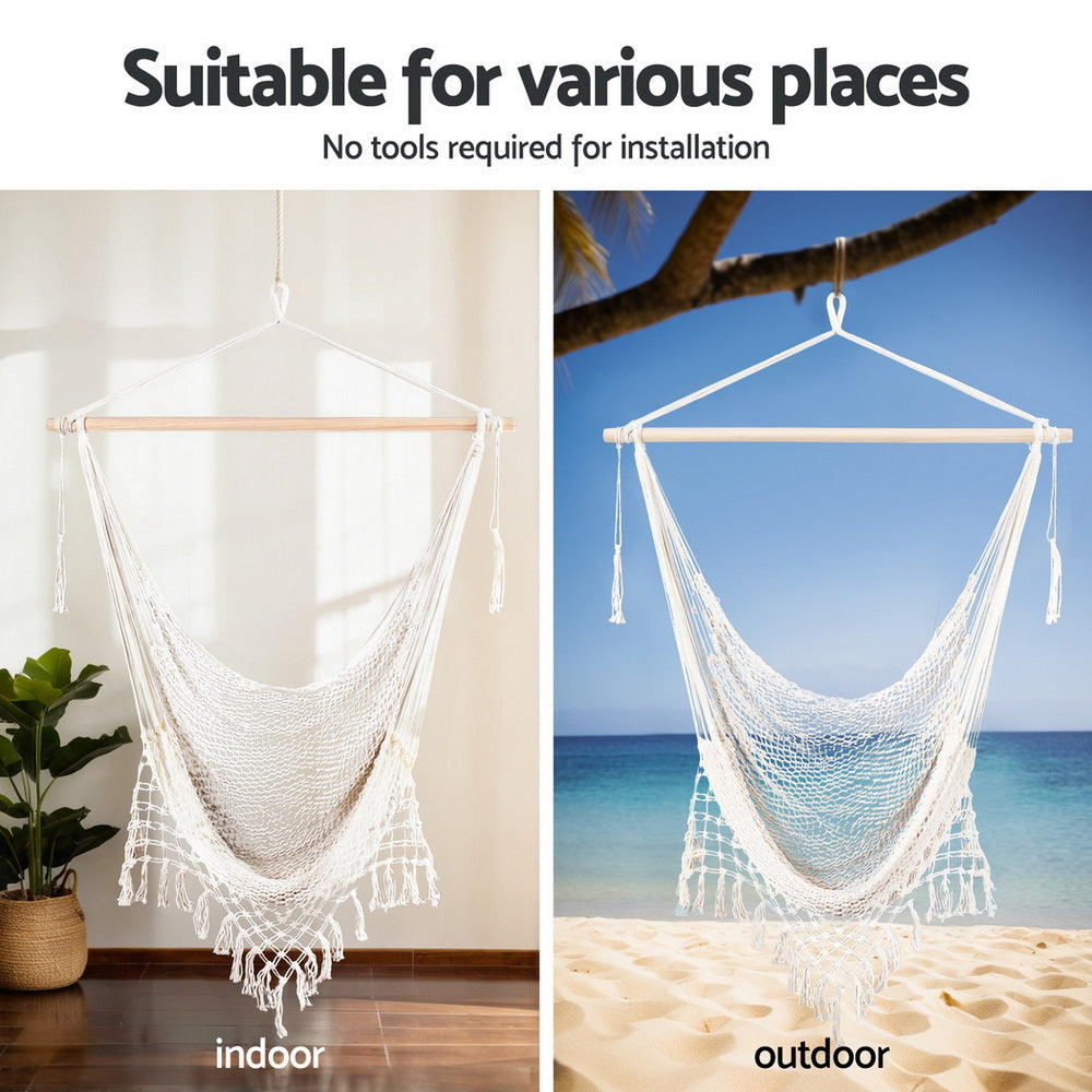 Gardeon Hammock Hanging Chair with Heavy Duty Steel Stand HM-CHAIR-MESH-CREAM-A