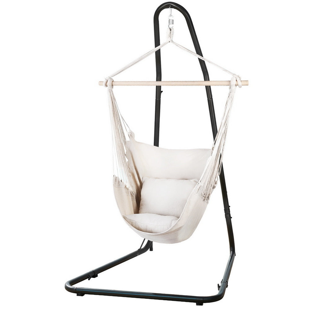 Gardeon Hammock Chair with Heavy Duty Steel Stand HM-CHAIR-PILLOW-CREAM-A