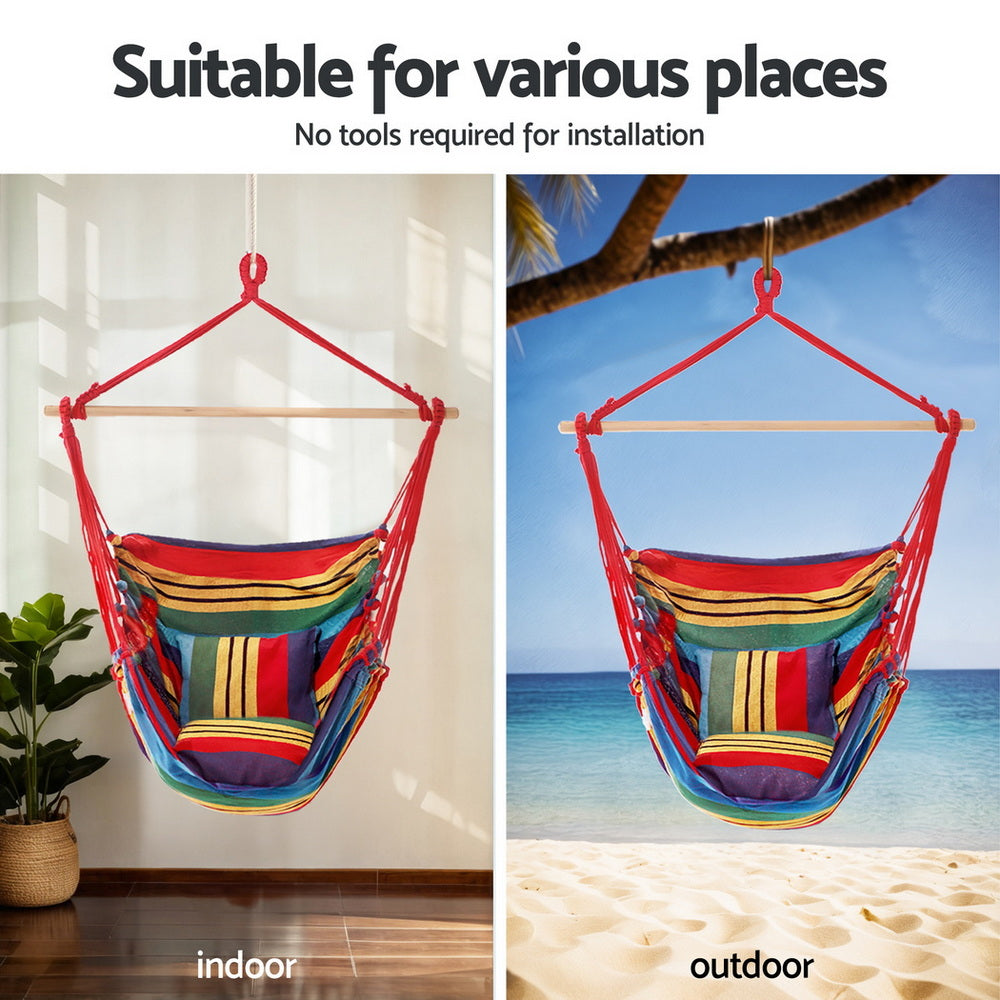 Gardeon Hammock Chair with Heavy Duty Steel Stand HM-CHAIR-PILLOW-RAINBOW-A