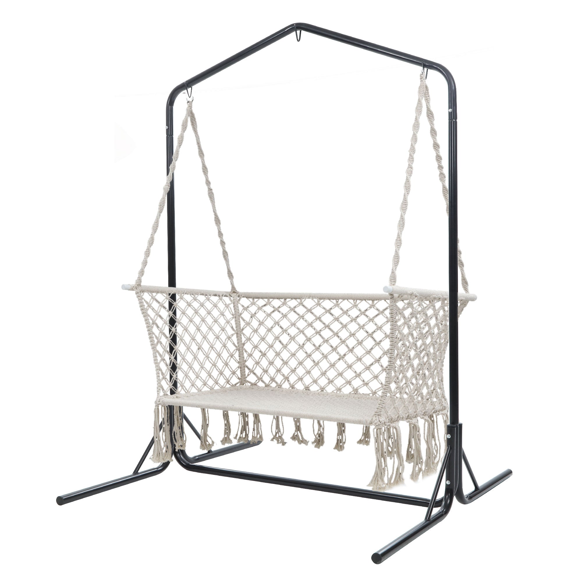 Gardeon Hammock Chair with Stand Macrame Outdoor Garden 2 Seater Cream HM-CHAIR-STAND-U-DOU-CREAM