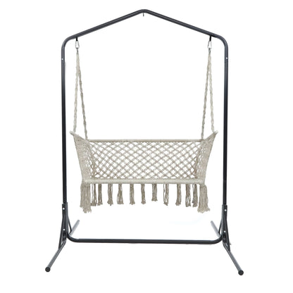 Gardeon Hammock Chair with Stand Macrame Outdoor Garden 2 Seater Cream HM-CHAIR-STAND-U-DOU-CREAM