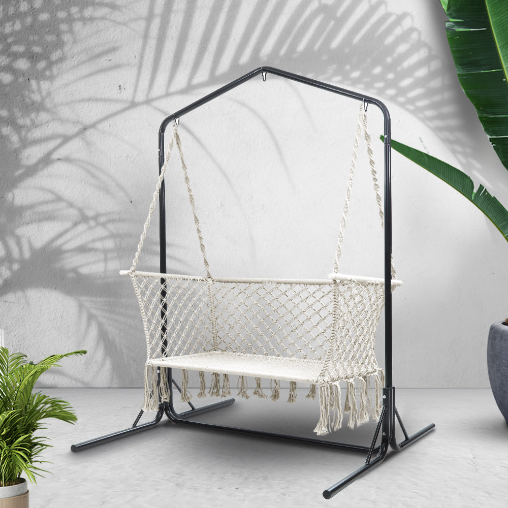Gardeon Hammock Chair with Stand Macrame Outdoor Garden 2 Seater Cream HM-CHAIR-STAND-U-DOU-CREAM