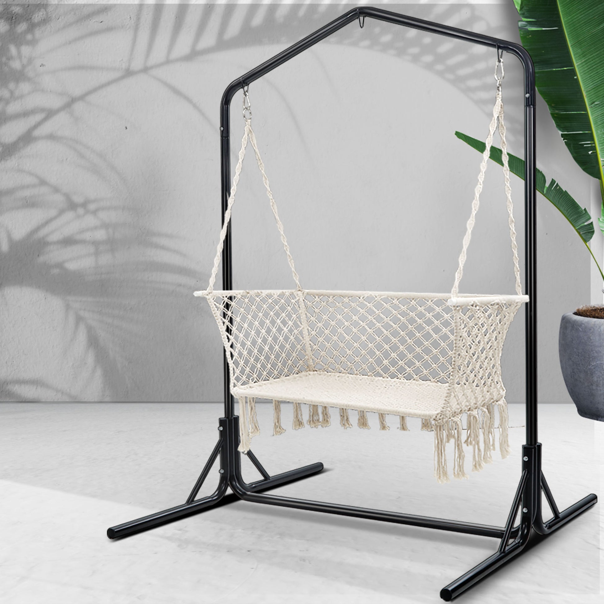 Gardeon Hammock Chair with Stand Macrame Outdoor Garden 2 Seater Cream HM-CHAIR-STAND-U-DOU-CREAM