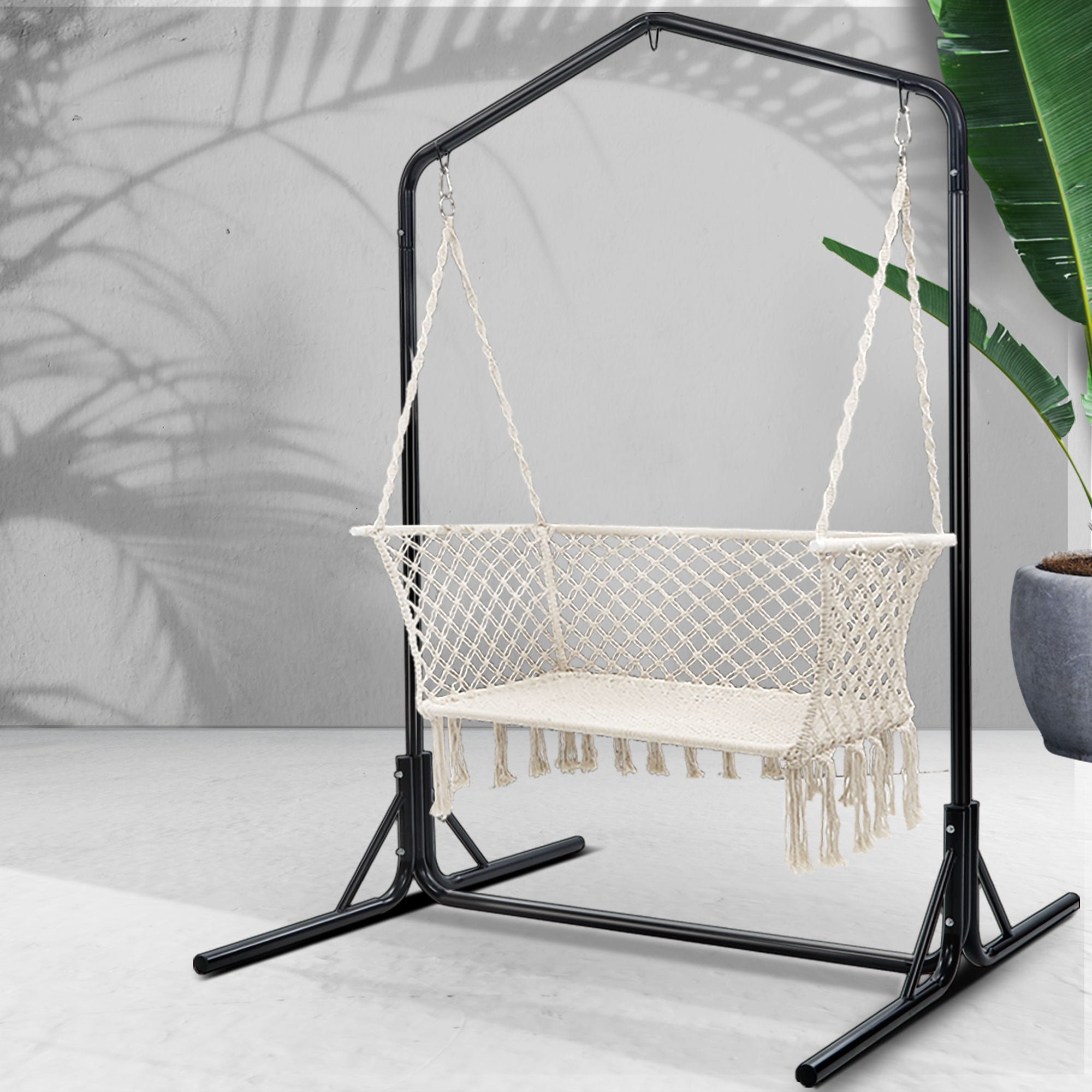 Gardeon Hammock Chair with Stand Macrame Outdoor Garden 2 Seater Cream HM-CHAIR-STAND-U-DOU-CREAM