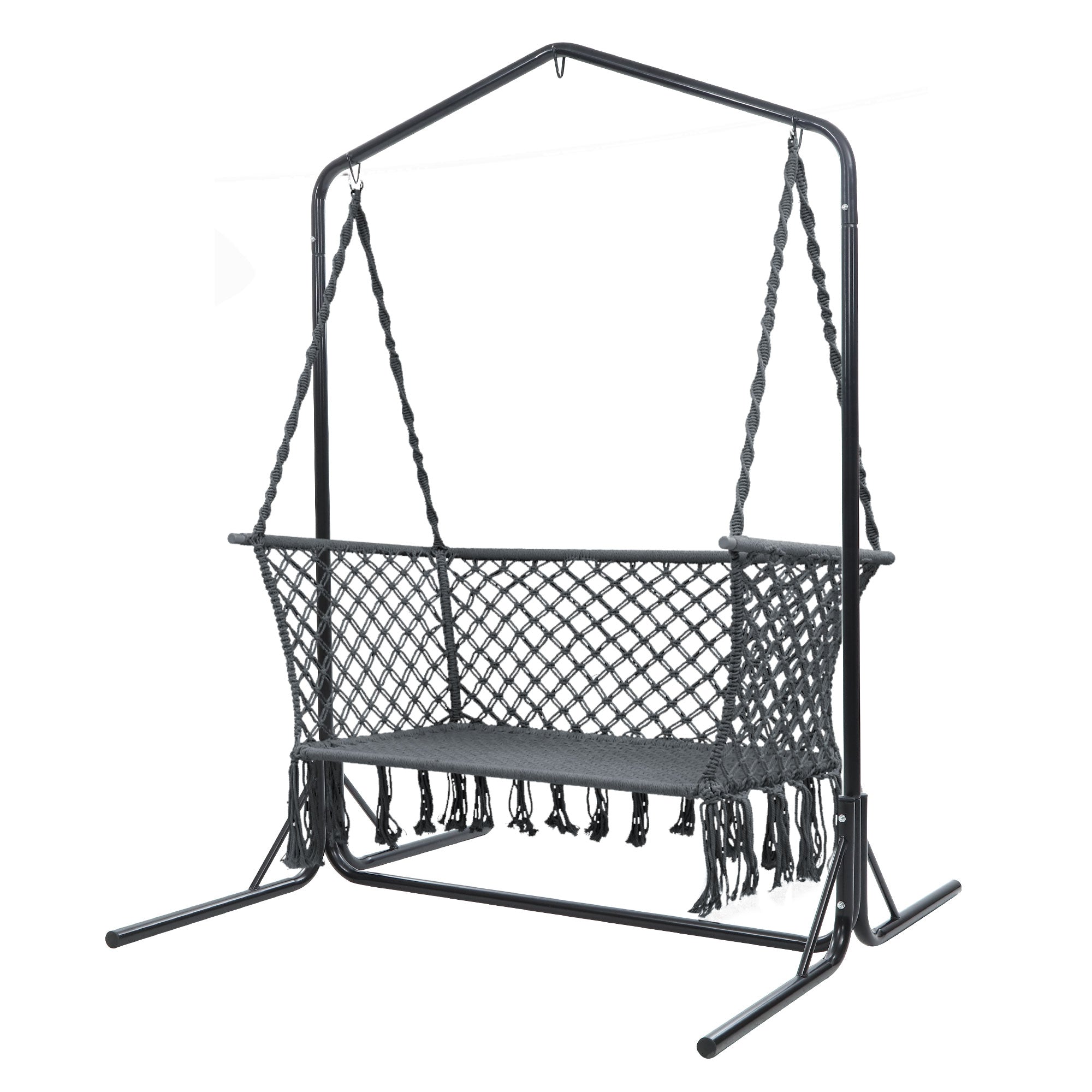 Gardeon Hammock Chair with Stand Macrame Outdoor Garden 2 Seater Grey HM-CHAIR-STAND-U-DOU-GREY
