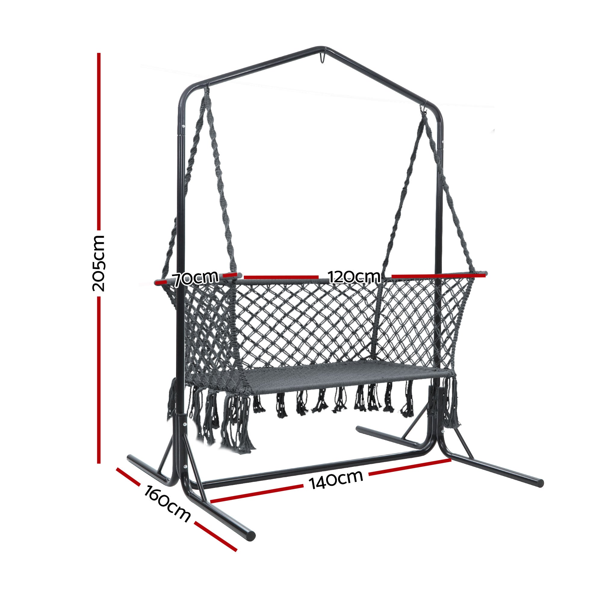 Gardeon Hammock Chair with Stand Macrame Outdoor Garden 2 Seater Grey HM-CHAIR-STAND-U-DOU-GREY
