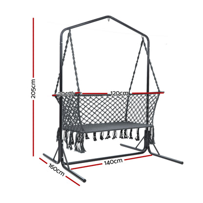 Gardeon Hammock Chair with Stand Macrame Outdoor Garden 2 Seater Grey HM-CHAIR-STAND-U-DOU-GREY