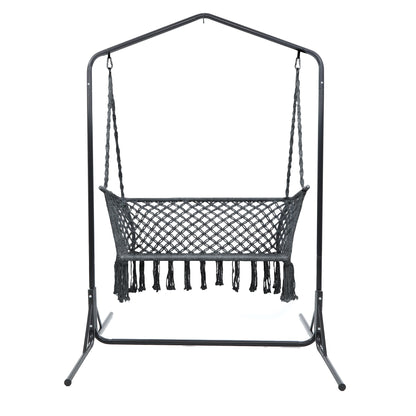 Gardeon Hammock Chair with Stand Macrame Outdoor Garden 2 Seater Grey HM-CHAIR-STAND-U-DOU-GREY