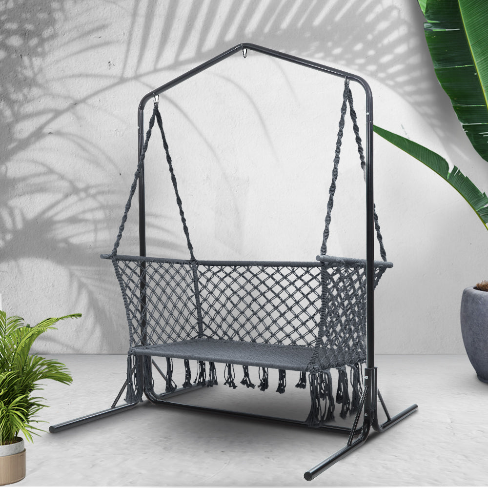 Gardeon Hammock Chair with Stand Macrame Outdoor Garden 2 Seater Grey HM-CHAIR-STAND-U-DOU-GREY