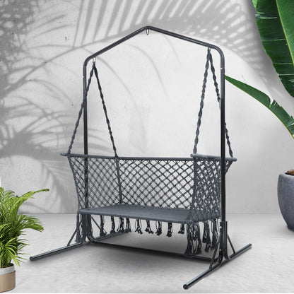 Gardeon Hammock Chair with Stand Macrame Outdoor Garden 2 Seater Grey HM-CHAIR-STAND-U-DOU-GREY
