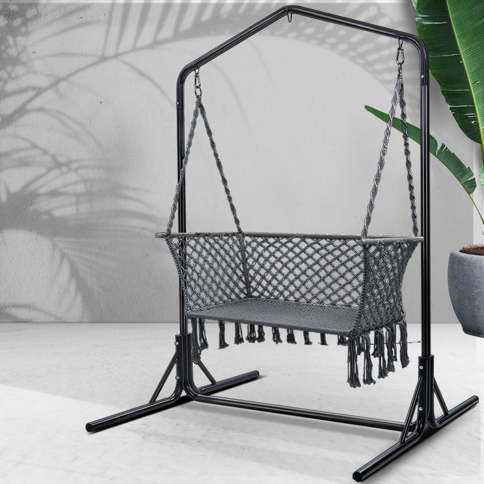 Gardeon Hammock Chair with Stand Macrame Outdoor Garden 2 Seater Grey HM-CHAIR-STAND-U-DOU-GREY