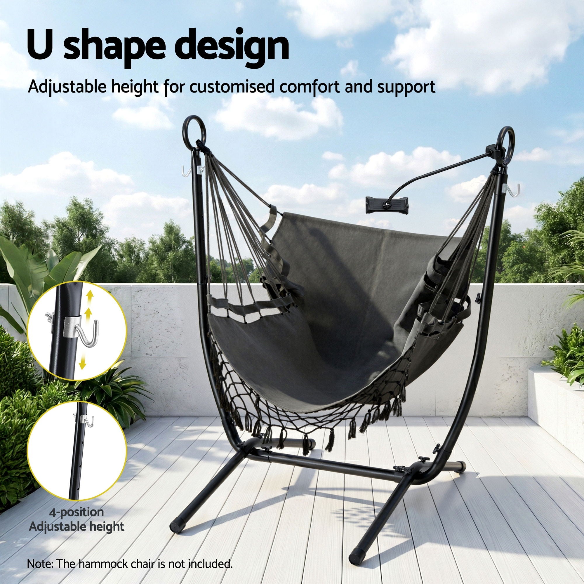 Gardeon Hammock Chair Stand Iron Frame w/ Phone Holder Black HM-CHAIR-STD-H