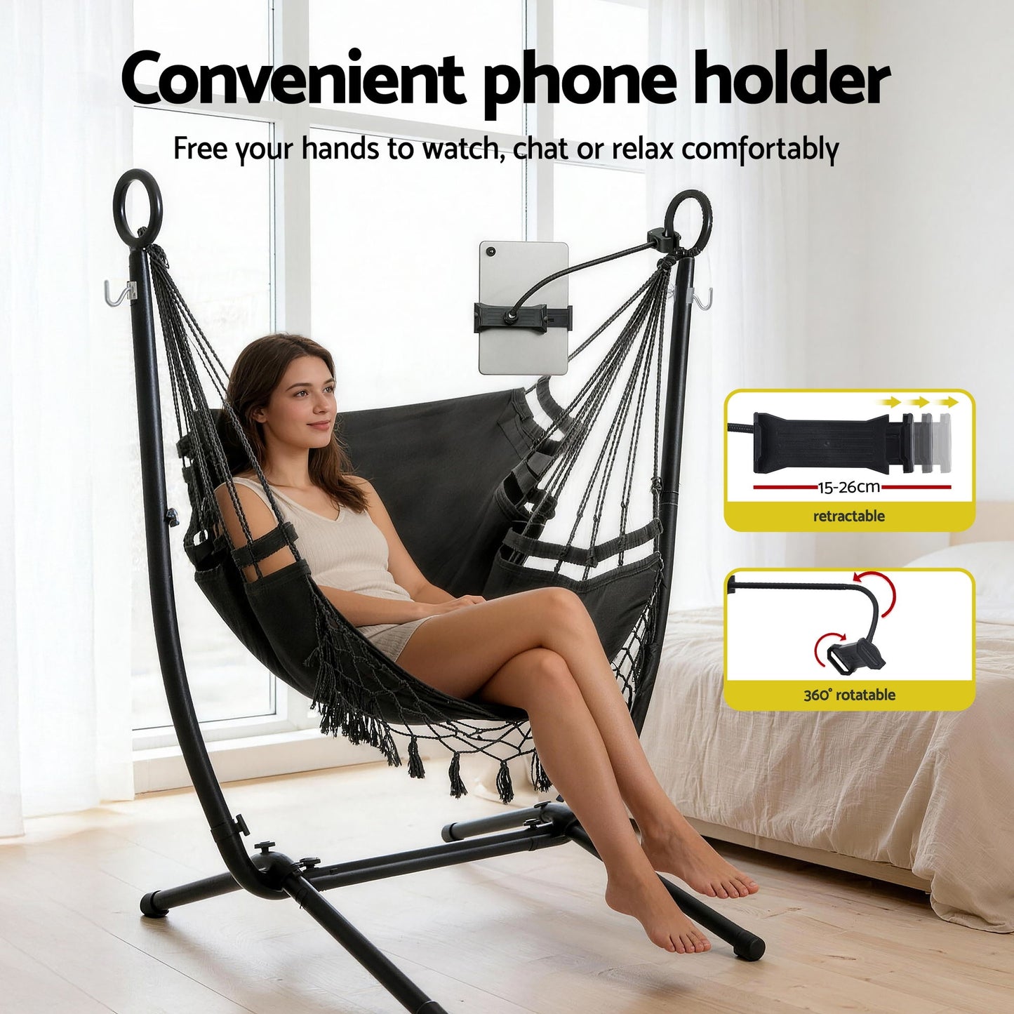 Gardeon Hammock Chair Stand Iron Frame w/ Phone Holder Black HM-CHAIR-STD-H